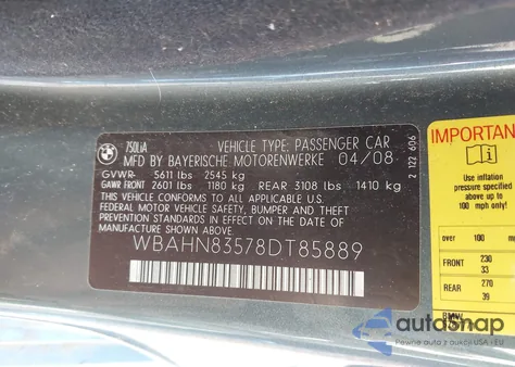 2008 BMW 750Li from USA, damaged, VIN WBAHN83578DT85889